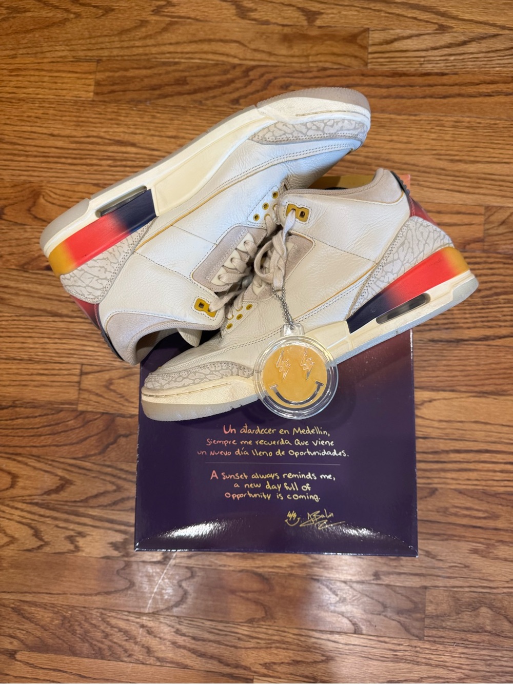 Jordan White Sneakers with Yellow and Pink Gradient Accents